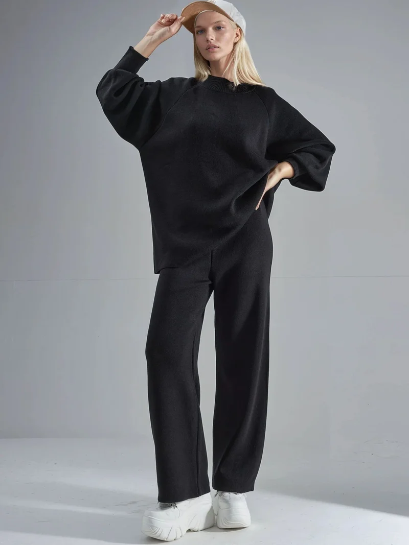 MY FASHION Black MY FASHION Loose Fit Sweater & Pants Knit Co-ord Set for Women | Best Price UAE